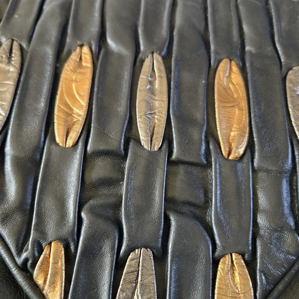 Vintage 60s Black Leather Flap Clutch Purse Large Envelope Mixed Metallic Detail